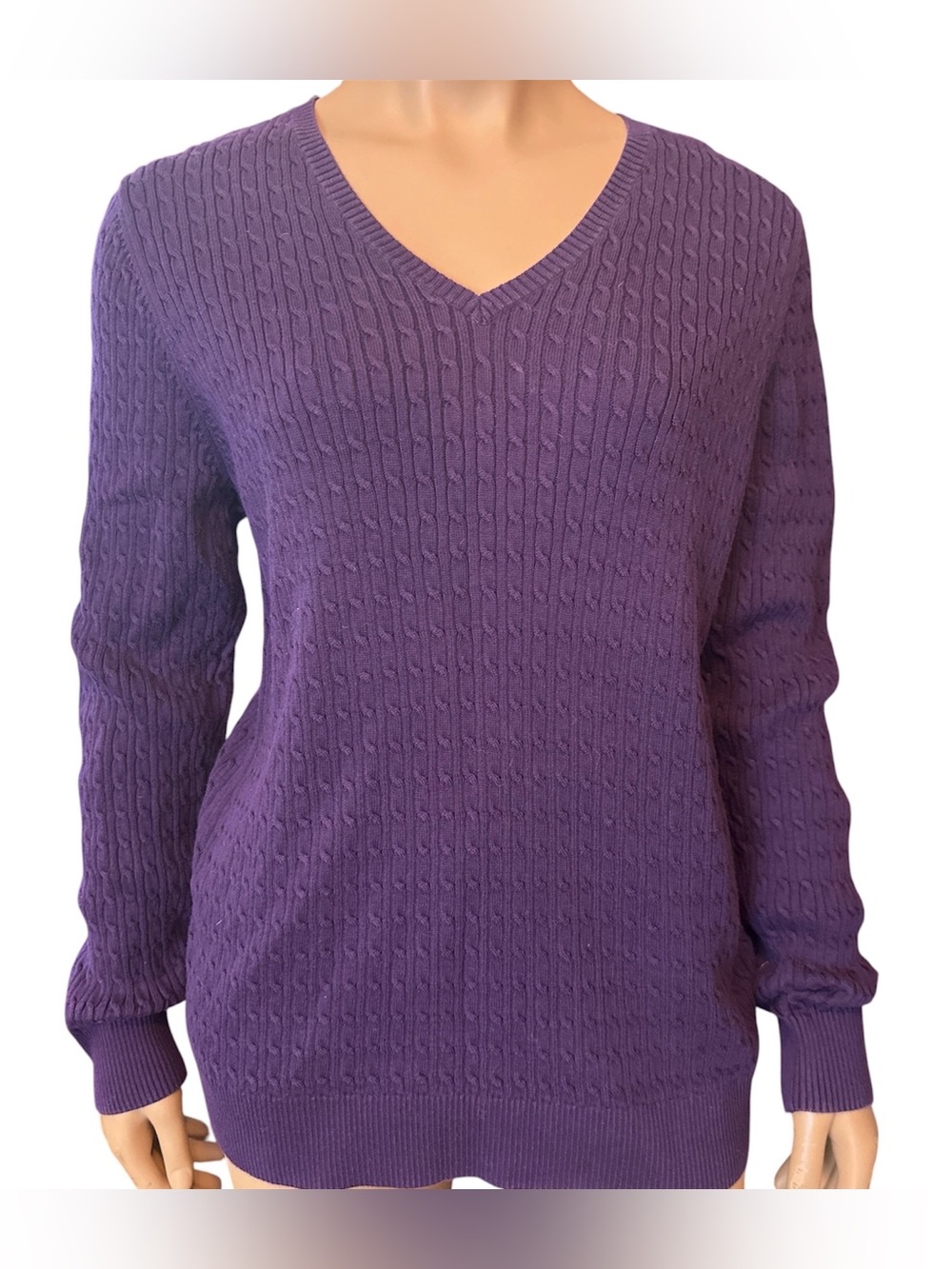 Lands' End Cable Knit V‑Neck Sweater - Purple SZ L